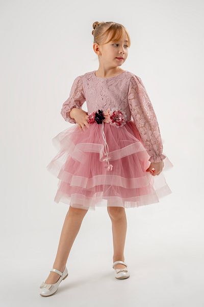 Eray Kids Girls' Evening Dress with Ruffled Lace Sleeves and Flower Detail