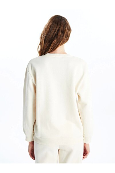 LC Waikiki Γυναικείο χοντρό φούτερ Xside Beige Crew Neck με στάμπα Oversize