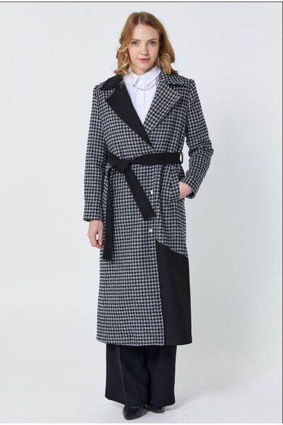 SAISEI 16039kaşe Kaban Kazayağı Desenli Beli Kemerli Önü Çıt Çıtlı Qks 16039 ...