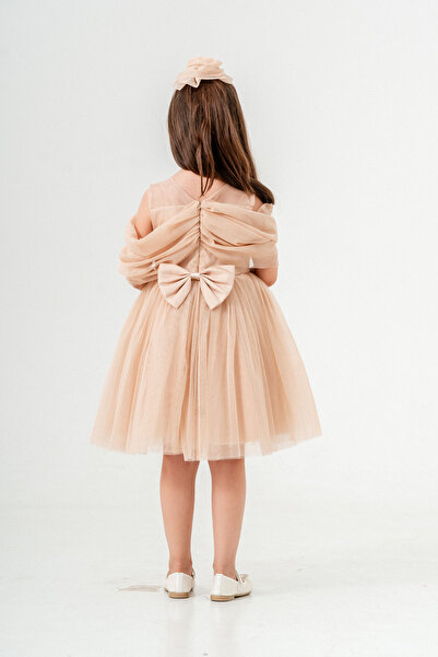 Eray Kids Βραδινό φόρεμα για κορίτσια με χαμηλό μανίκι ροζ λεπτομέρεια