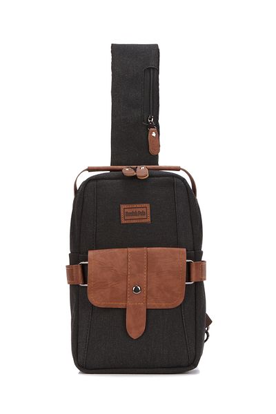Newish Men's Black Tan Canvas Fabric Cross Shoulder and Waist Bag