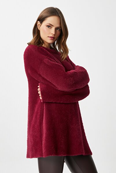 Ritnice Women's Fluffy Soft Burgundy Knitwear Sweater