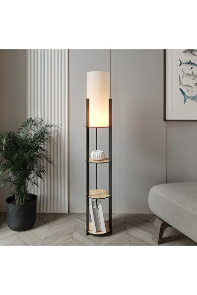 Halımax Pine Raflı Lambader YUVARLAK Safir Meşe Siyah Ayak