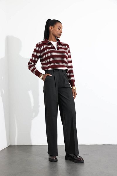 5in1Canpolat Anthracite Pleat Detailed Palazzo Trousers 51093