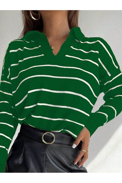 REKA MODA    Women's Long Sleeve V-Neck Striped Knitwear Blouse