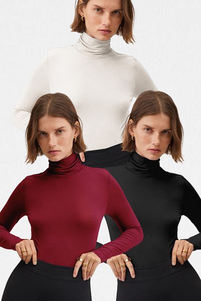 VODENS Bluză ultra moale pentru femei, negru, alb, roșu claret, 3 piese