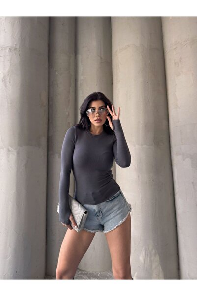 stg spor toptan giyim Дамски тъмносив боди с дълъг ръкав и самозалепваща се л...