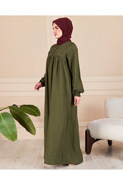 fistan Μακρύ φόρεμα με κουμπιά μπροστά από λινό ύφασμα Tessetür Φόρεμα μαμάς Προσευχή