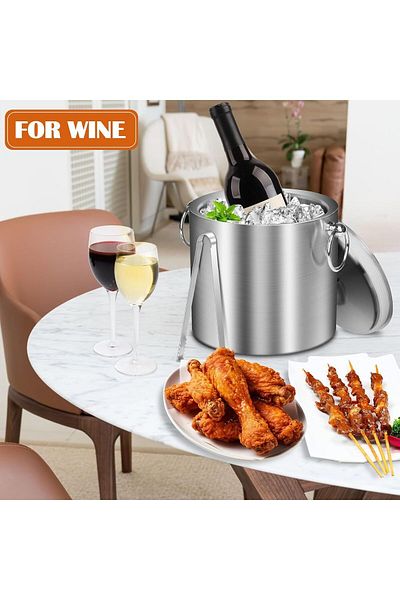 Arabest Stainless Steel Insulated Ice Bucket With Lid & Ice Tongs 2 L Included Strainer Keeps Ice Cold