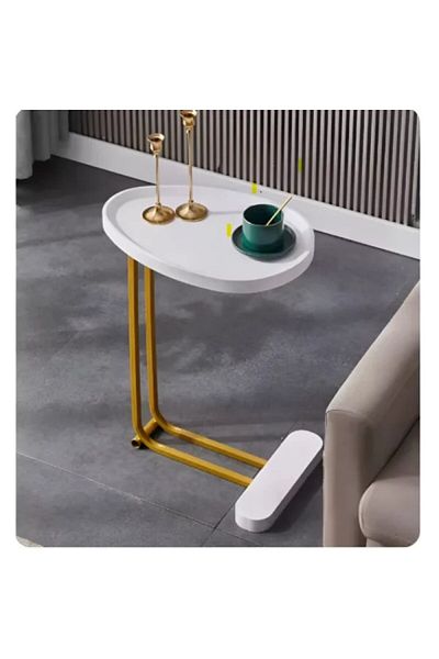 1st Scandinavian Wood Coffee Serving Table C-Shape Design - White & Gold