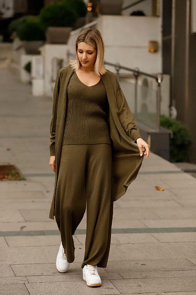 NY MODA Women's Khaki V-Neck Pants Blouse Cardigan 3-Piece Knitwear Set