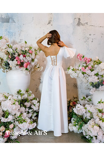 Tangül&Ali'S Moda Evi Tek Kollu Beyaz Midi Elbise