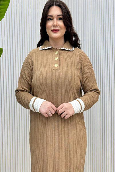 Cockatoo Buttoned Shirt Collar Shepherd Stitched Line Detailed Ribbed Knitwear Hijab Dress