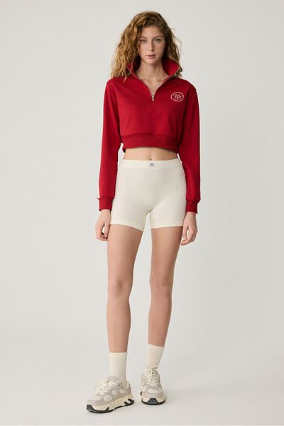 Urban Beat Helena Women's Stand Collar Zip-Up Small Print Motif Crop Red Sweatshirt