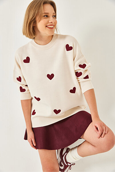 Bianco Lucci Pulover lung de tricotaj cu inimă brodat pentru femei