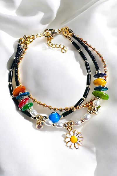 PETEK AKSESUAR Multiple Daisy Butterfly Evil Eye Natural Stone Bracelet