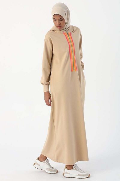 ALLDAY Beige01-Neon Stripe Detail Hooded Dress