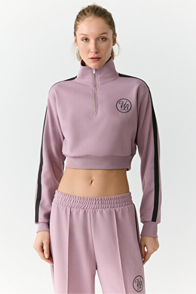 Urban Beat HELENA Γυναικείο φούτερ με φερμουάρ με γιακά με μικρό τύπωμα Crop Dusty Rose