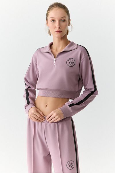 Urban Beat Helena Women's Stand-Up Collar Zip-Up Small Print Motif Crop Rose Dried Sweatshirt