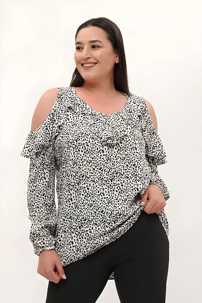 Hanezza Bluză de damă, neagră, cu decolteu în U, cu mâneci lungi, cu mâneci lungi, 42-52, cu modele, cu modele