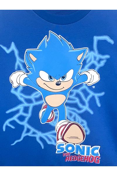 LİTTLE TORTOİSE Boy's Blue Sonic Printed Long Sleeve 3 Thread Winter Raised Sweatshirt / Sweatpants Set