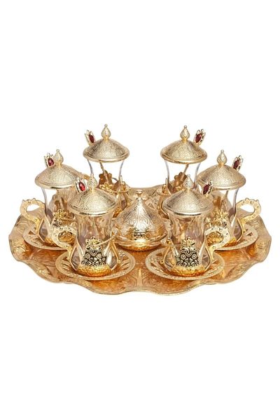 KT HOME Tea Set Ottoman Motif Tea Presentation Set with Spoon Turkish Tea Cup Set Traditional Turkish Motifs 6 Pieces