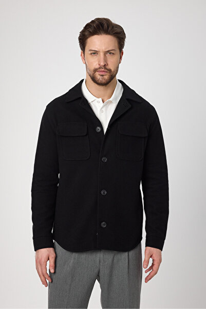 Frappoli Erkek Siyah Slim Fit Baharlık Trenç Ceket Örme Esnek Kumaş Kapak Cep...