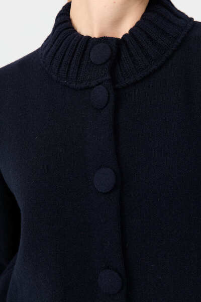 Desen Triko Dark Navy Blue Stand Collar Basic Long Women's Wool Cardigan