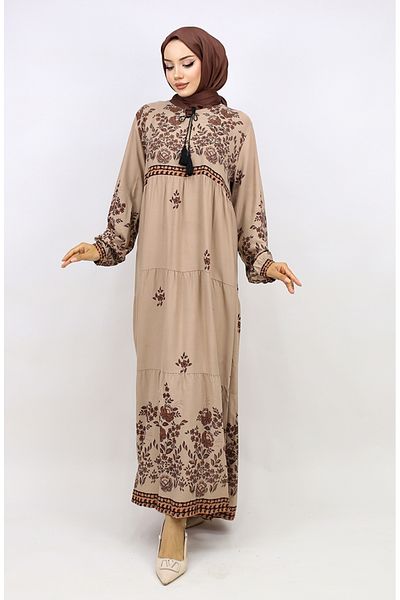 sefamerve Nerzfarbenes Viskose-Kleid mit Blumendruck in Übergröße – 4084-08