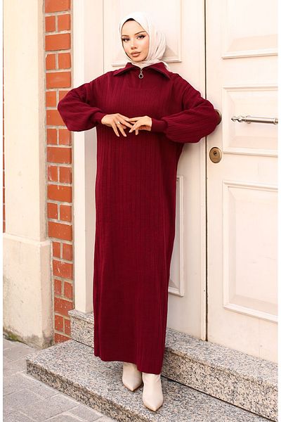 sefamerve Geripptes Strickkleid mit Reißverschluss am Ausschnitt 11032-07 Weinrot