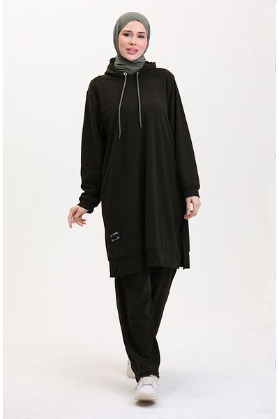 sefamerve Khakifarbenes Tunika- und Hosen-Set mit Kapuze – 0566-04