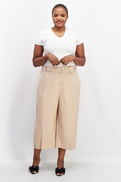 Forever New Women Curve Fit Solid Belted Wide Leg Pants, Beige