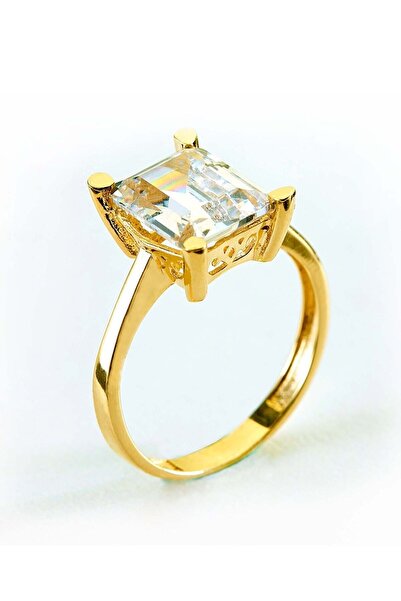 Nilvera Kuyumculuk 14 Ayar Altın Büyük Taşlı Baget Tektaş Yüzük, Aydınlatmalı...