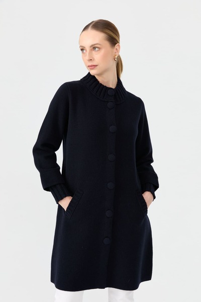 Desen Triko Dark Navy Blue Stand Collar Basic Long Women's Wool Cardigan