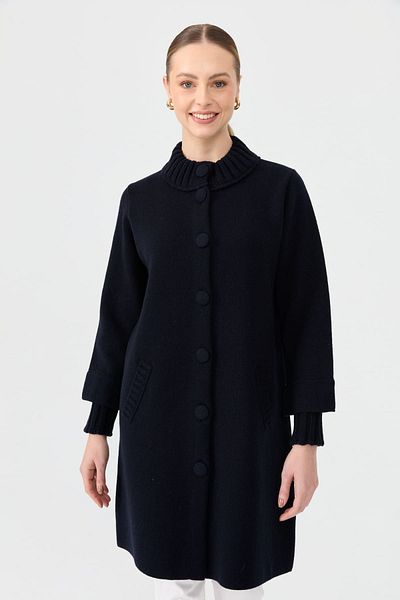 Desen Triko Cardigan lung de lână pentru femei K.Blue Marine cu guler vertical