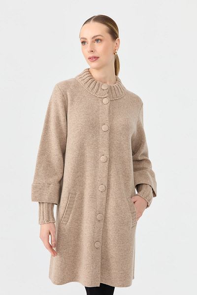 Desen Triko Cardigan lung de lână pentru femei de culoare bej - guler vertical