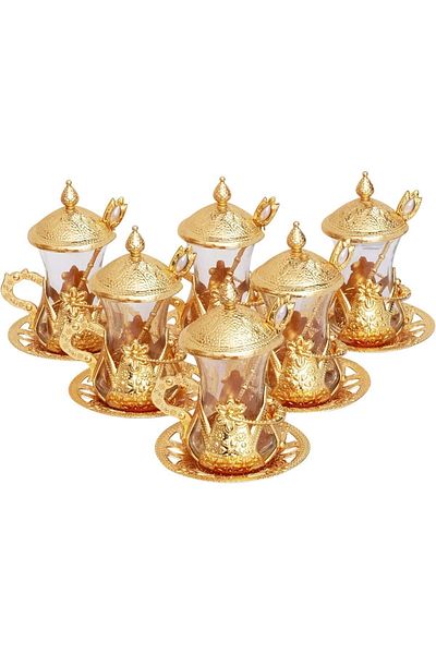 KT HOME Tea Set Ottoman Motif Tea Presentation Set with Spoon Turkish Tea Cup Set Traditional Turkish Motifs 6 Pieces