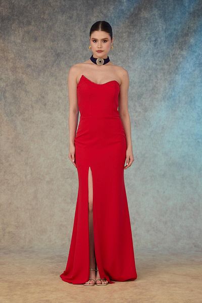 Carmen Red Embroidered Slit Crepe Evening Dress