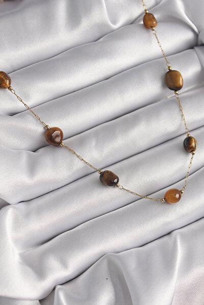 Skygo 316L Çelik Gold Renk Zincir Kahvrengi Doğaltaş Model Kadın Kolye - TJ-BKO9661