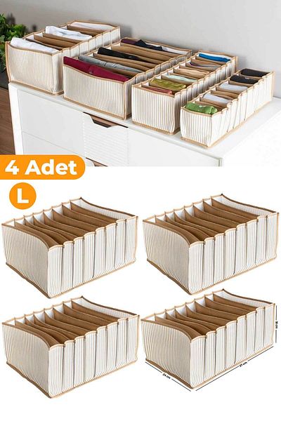 Serstil Μπεζ ριγέ 4 τεμάχια - Organizer Organizer 8 διαμερισμάτων, Μεγάλο 24 x 37 x 18 cm