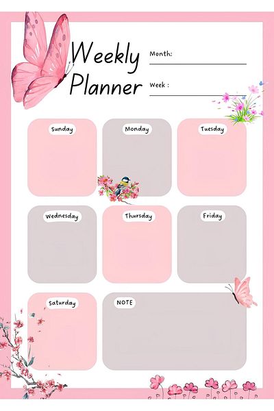 Rana İkra Art Pink Butterfly Themed Weekly Planner Note Sheet (25 Pieces) (A4)