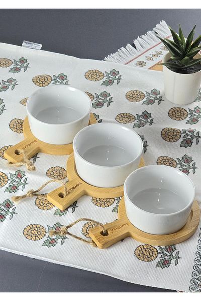 HomeTarz 3-Piece Porcelain Breakfast Set - Bamboo Base, Dessert - 100 Ml, 6 Pieces
