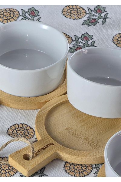 HomeTarz 3-Piece Porcelain Breakfast Set - Bamboo Base, Dessert - 100 Ml, 6 Pieces