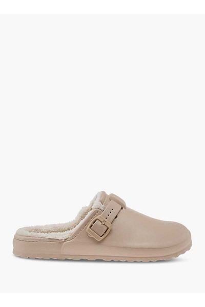 Le Confort Solid Bedroom Mules with Fur Accent and Buckle Detail