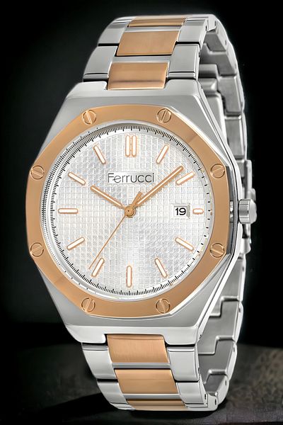 Ferrucci Men's Wristwatch and Bracelet with Calendar - Silver/Rose Color Fc.12715Tm.02