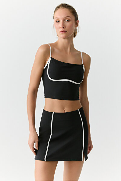 Urban Beat Maria Women's Stripe Piping Detailed Slit Soft Black Skirt