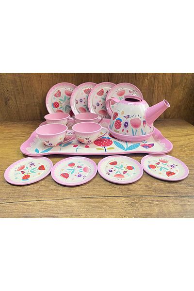 scntoys طقم شاي مكون من 15 قطعة، طقم أكواب معدنية، لعبة وردية اللون، طقم شاي