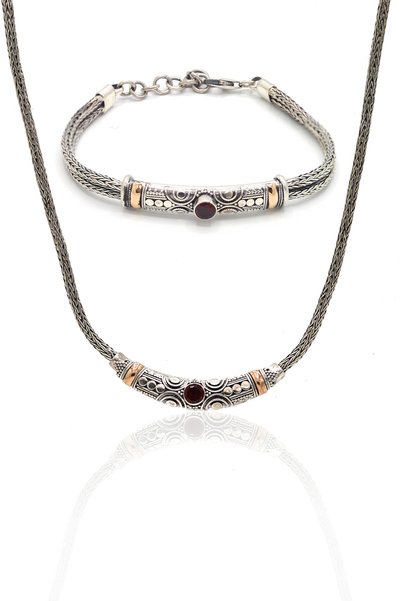 Midyat Nurtaş Gümüş Yakut Taşlı 925 Ayar Saf Gümüş Hasır Zincir Unisex 2'li Set 201023670
