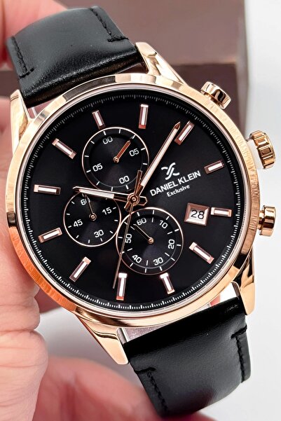 Daniel Klein Exclusive Siyah Deri Kordon Erkek Kol Saati 3 Atm+Bileklik Hediyeli Siyah-Rose sddk087