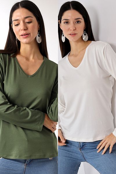 Devinka Women's 2 Pack V-Neck Oversize Basic Long Sleeve T-Shirt
